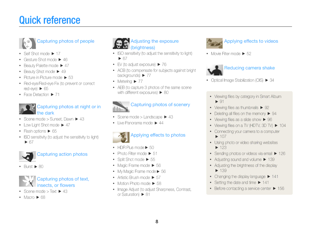 Samsung EC-MV900FBPBCA-W, EC-MV900FBPBUS appendix Quick reference, Capturing photos of people 