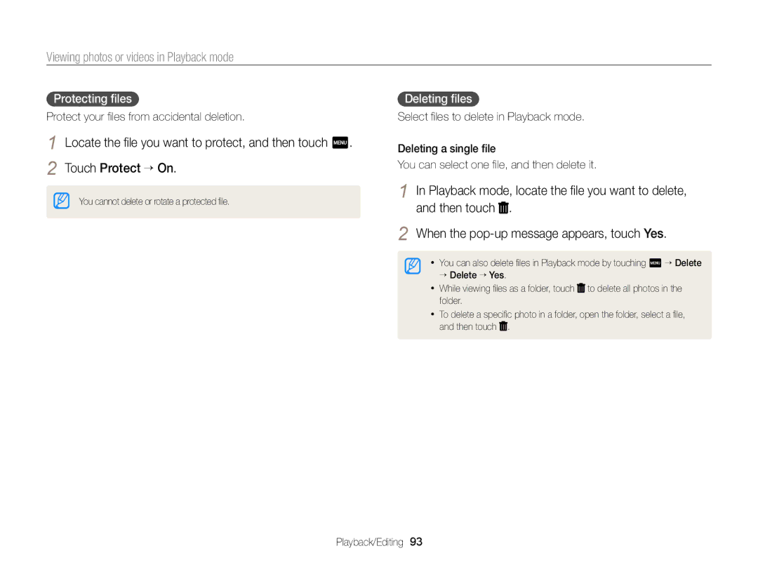 Samsung EC-MV900FBPBUS, EC-MV900FBPBCA-W appendix Protecting ﬁles, Deleting ﬁles, Protect your ﬁles from accidental deletion 