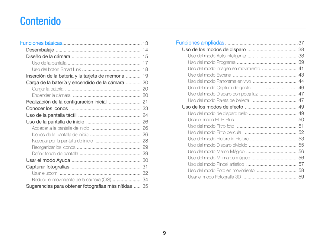 Samsung EC-MV900FBPWE1, EC-MV900FBPBE1, EC-MV900FDPWME manual Contenido, Carga de la batería y encendido de la cámara 