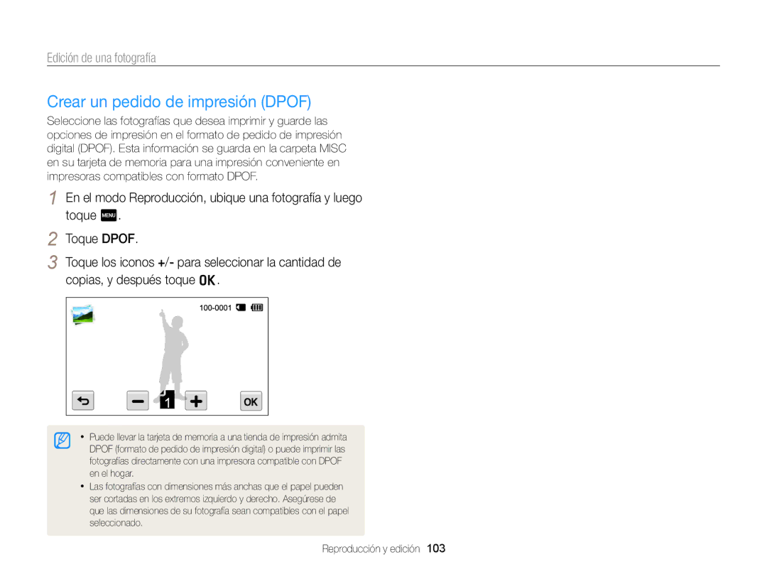 Samsung EC-MV900FDPBME, EC-MV900FBPWE1, EC-MV900FBPBE1, EC-MV900FDPWME, EC-MV900FDPPME manual Crear un pedido de impresión Dpof 