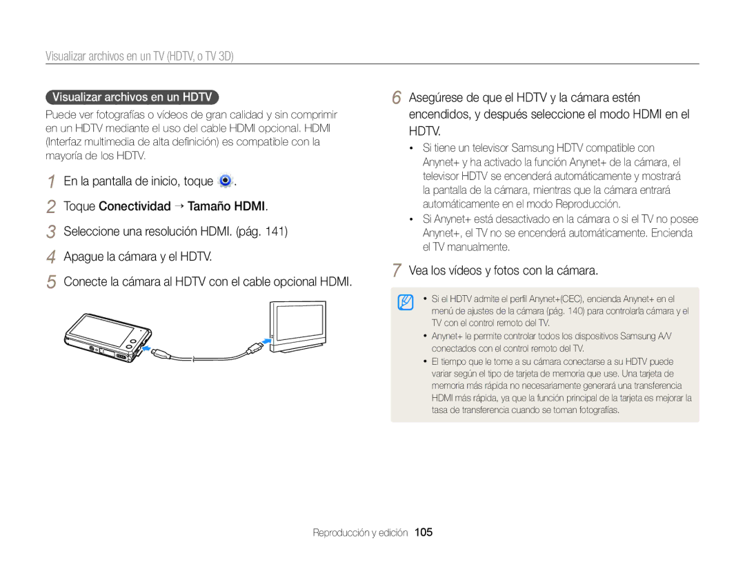 Samsung EC-MV900FBPBE1, EC-MV900FBPWE1 manual Visualizar archivos en un TV HDTV, o TV 3D, Toque Conectividad “ Tamaño Hdmi 