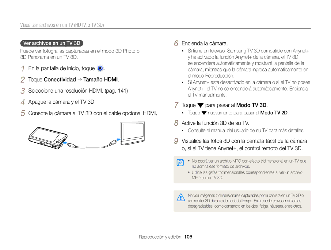 Samsung EC-MV900FDPWME manual Apague la cámara y el TV 3D, Toque Para pasar al Modo TV 3D, Active la función 3D de su TV 