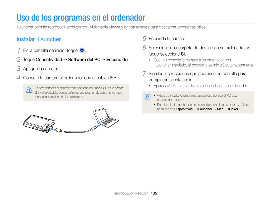 Samsung EC-MV900FBPWE1, EC-MV900FBPBE1, EC-MV900FDPWME manual Uso de los programas en el ordenador, Instalar iLauncher 