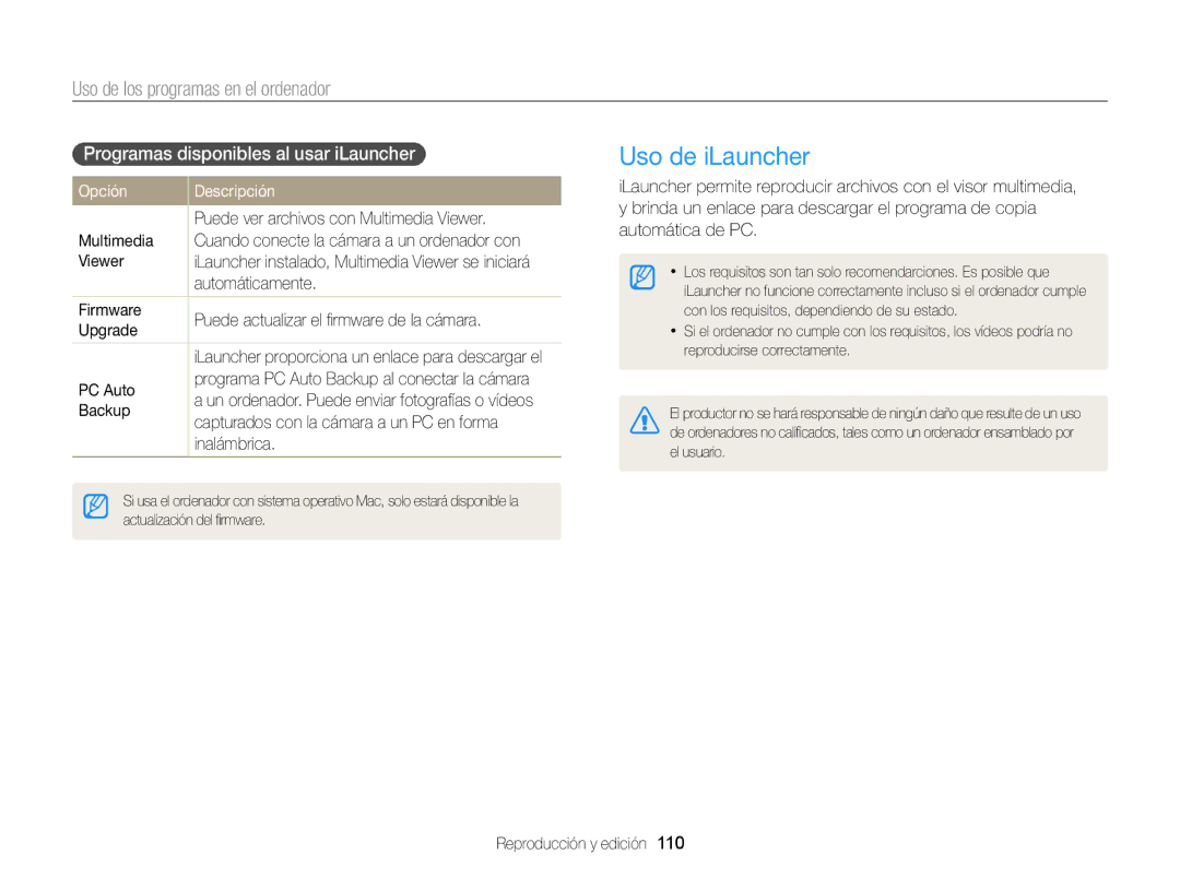 Samsung EC-MV900FBPBE1 Uso de iLauncher, Uso de los programas en el ordenador, Programas disponibles al usar iLauncher 