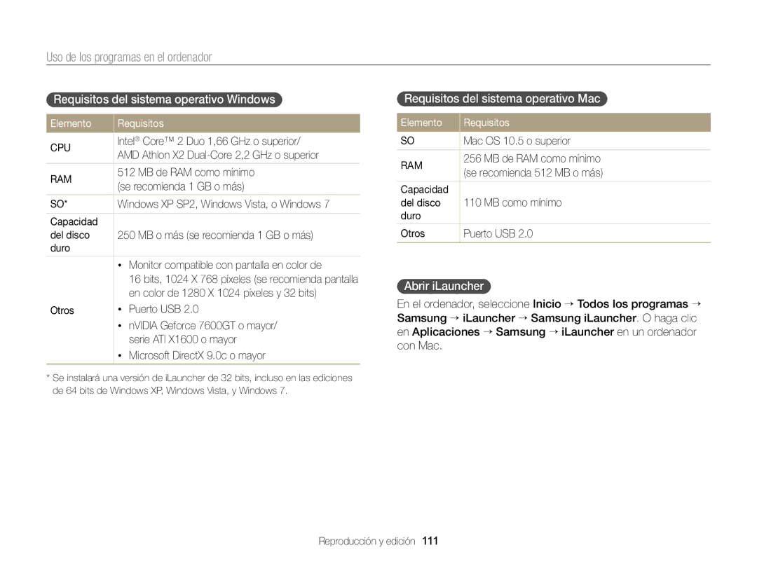 Samsung EC-MV900FDPWME Requisitos del sistema operativo Windows, Requisitos del sistema operativo Mac, Abrir iLauncher 