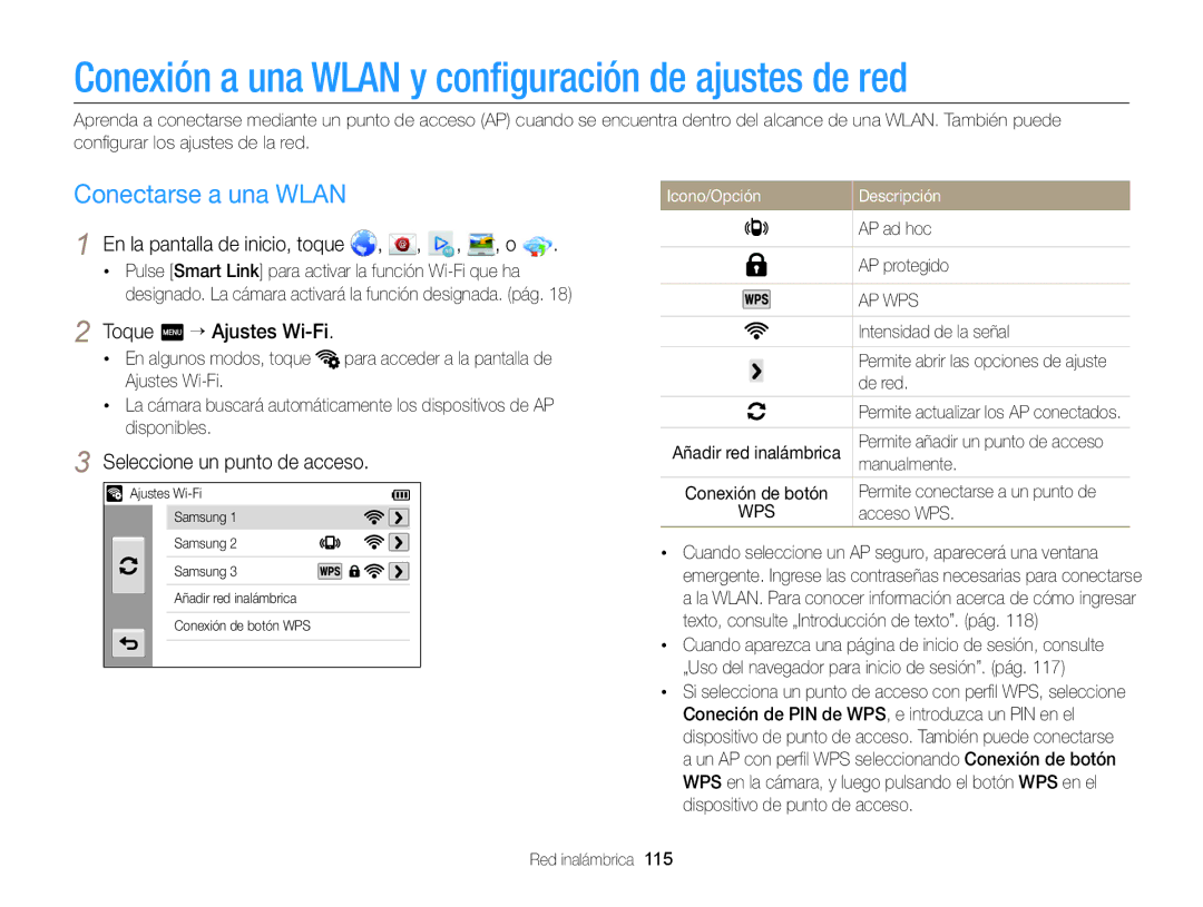 Samsung EC-MV900FBPBE1, EC-MV900FBPWE1 manual Conexión a una Wlan y conﬁguración de ajustes de red, Conectarse a una Wlan 