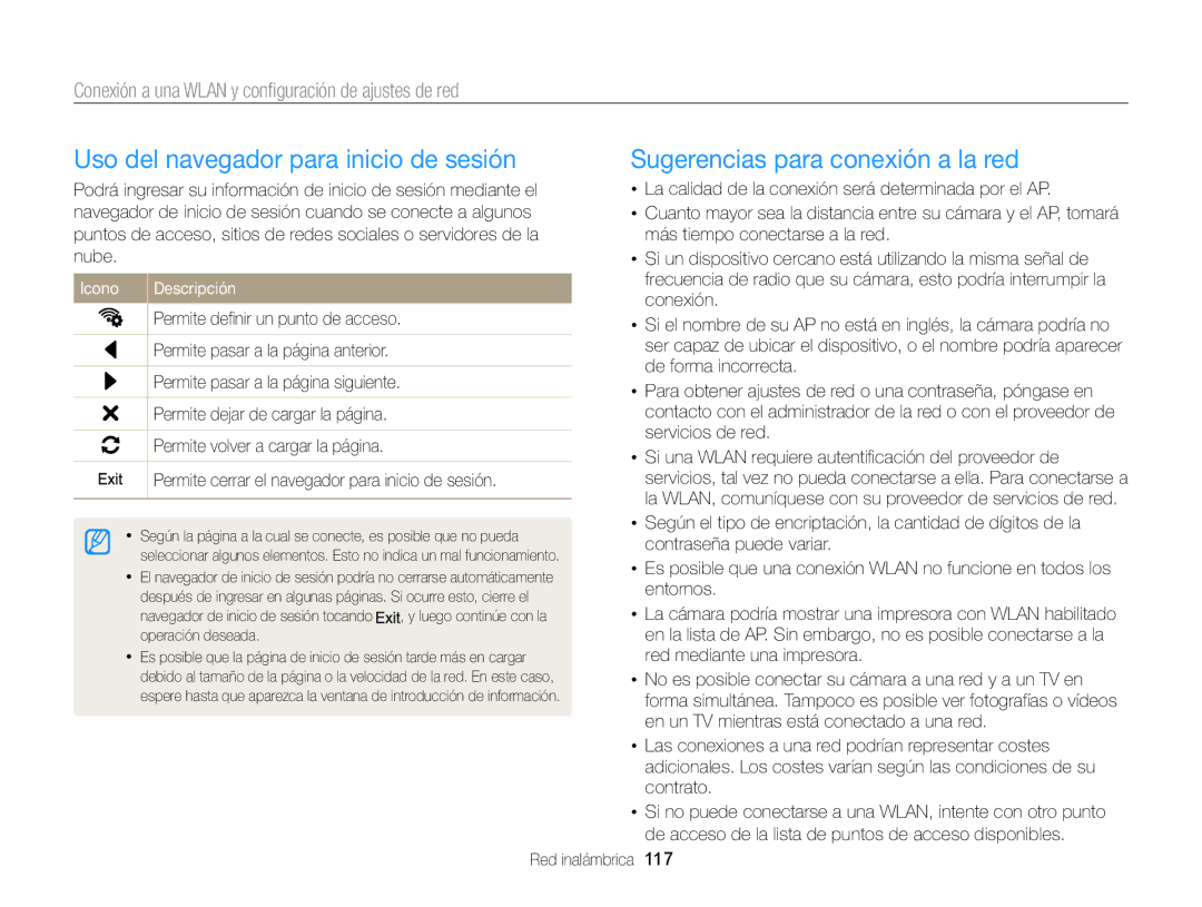 Samsung EC-MV900FDPPME La calidad de la conexión será determinada por el AP, Más tiempo conectarse a la red, Conexión, 117 