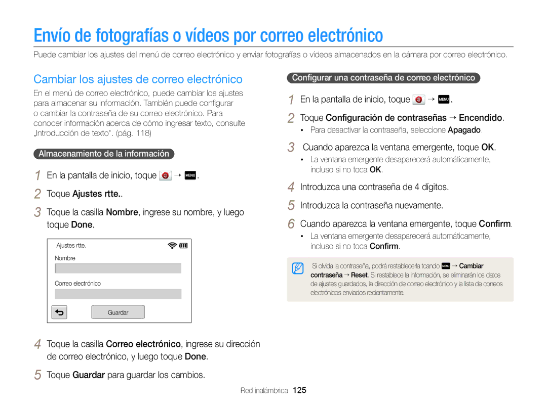 Samsung EC-MV900FBPBE1 Envío de fotografías o vídeos por correo electrónico, Cambiar los ajustes de correo electrónico 