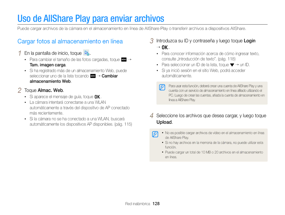 Samsung EC-MV900FDPBME, EC-MV900FBPWE1 Uso de AllShare Play para enviar archivos, Cargar fotos al almacenamiento en línea 