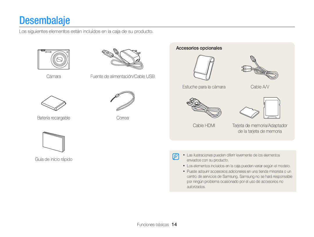 Samsung EC-MV900FBPWE1 manual Desembalaje, Batería recargable, Guía de inicio rápido Estuche para la cámara, Cable Hdmi 