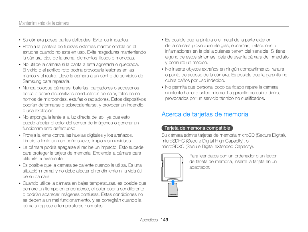 Samsung EC-MV900FBPWE1, EC-MV900FBPBE1, EC-MV900FDPWME manual Acerca de tarjetas de memoria, Tarjeta de memoria compatible 