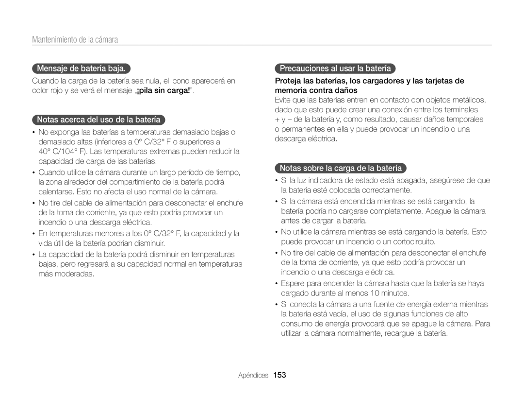 Samsung EC-MV900FDPBME manual Mensaje de batería baja, Notas acerca del uso de la batería, Precauciones al usar la batería 