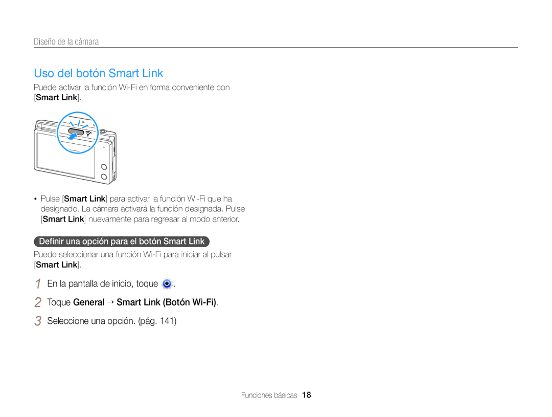 Samsung EC-MV900FDPBME Uso del botón Smart Link, Seleccione una opción. pág, Deﬁnir una opción para el botón Smart Link 