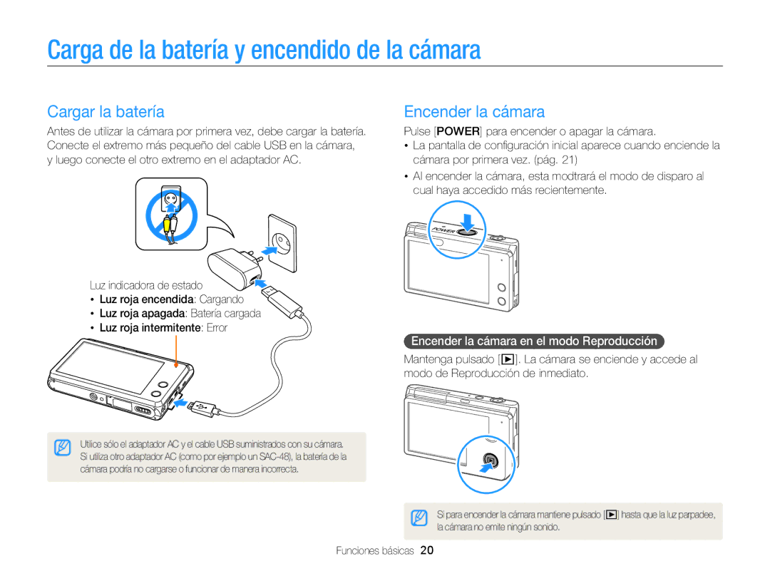 Samsung EC-MV900FBPBE1, EC-MV900FBPWE1 Carga de la batería y encendido de la cámara, Cargar la batería, Encender la cámara 