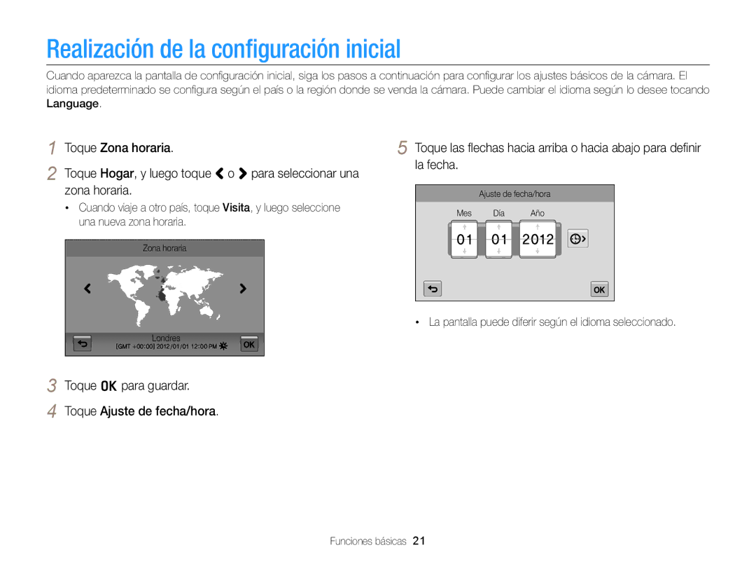 Samsung EC-MV900FDPWME manual Realización de la conﬁguración inicial, Toque o para guardar Toque Ajuste de fecha/hora 