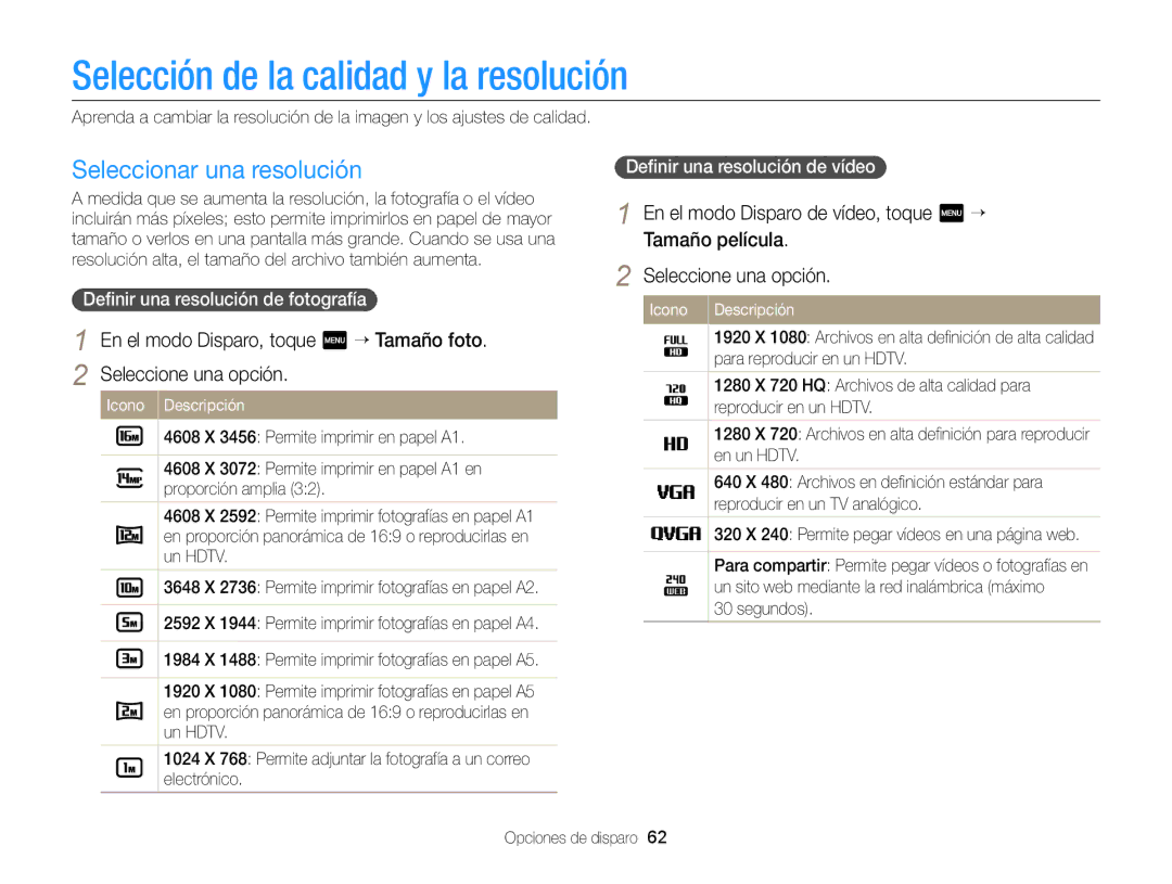 Samsung EC-MV900FDPPME Selección de la calidad y la resolución, Seleccionar una resolución, Deﬁnir una resolución de vídeo 