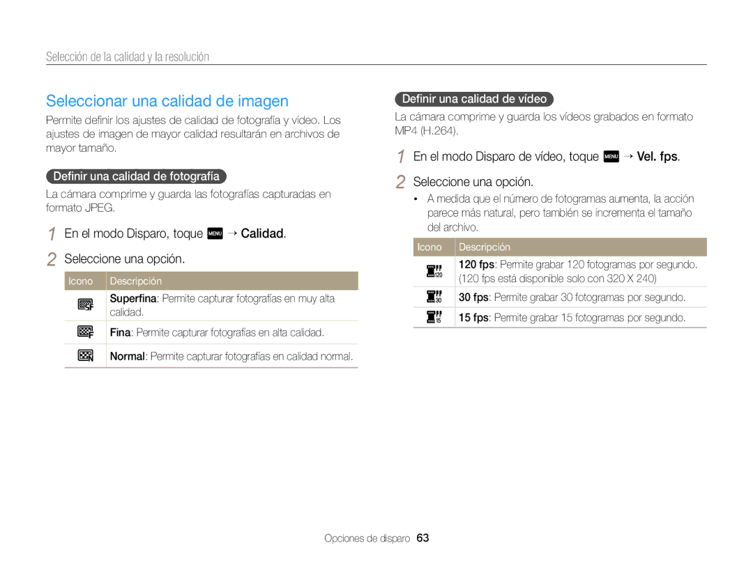 Samsung EC-MV900FDPBME, EC-MV900FBPWE1 manual Seleccionar una calidad de imagen, Selección de la calidad y la resolución 