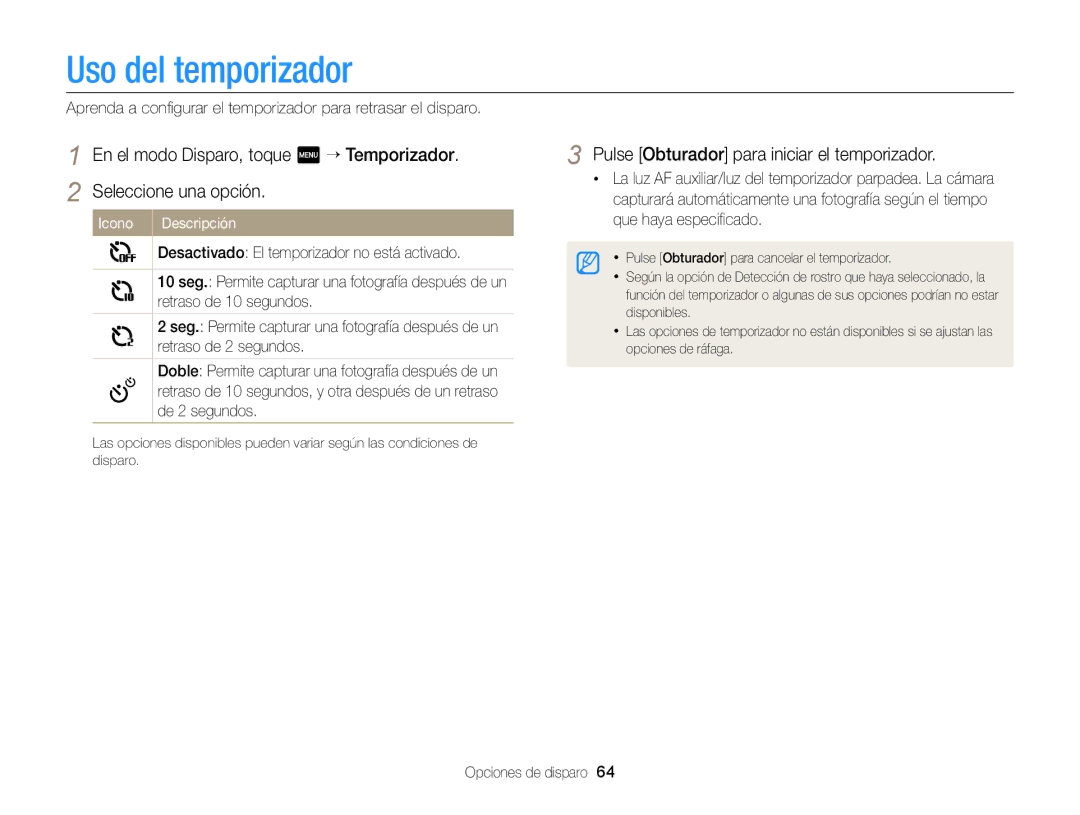 Samsung EC-MV900FBPWE1, EC-MV900FBPBE1, EC-MV900FDPWME Uso del temporizador, Pulse Obturador para iniciar el temporizador 