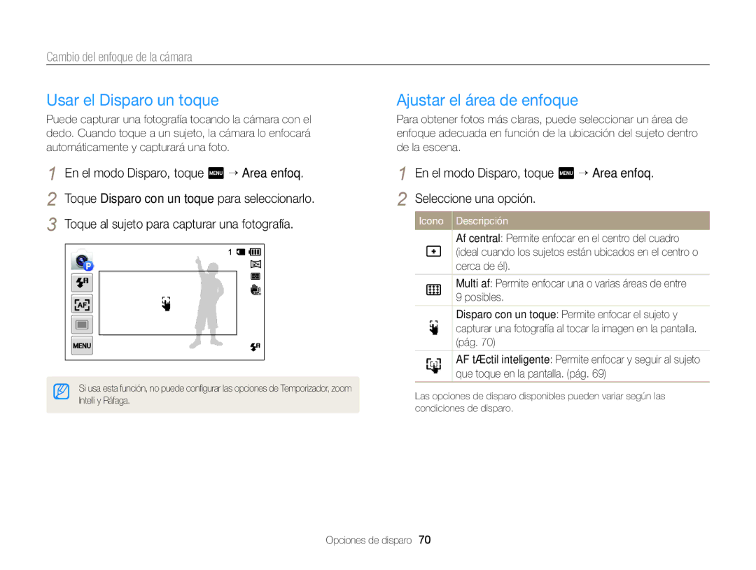 Samsung EC-MV900FBPBE1, EC-MV900FBPWE1, EC-MV900FDPWME, EC-MV900FDPPME Usar el Disparo un toque, Ajustar el área de enfoque 