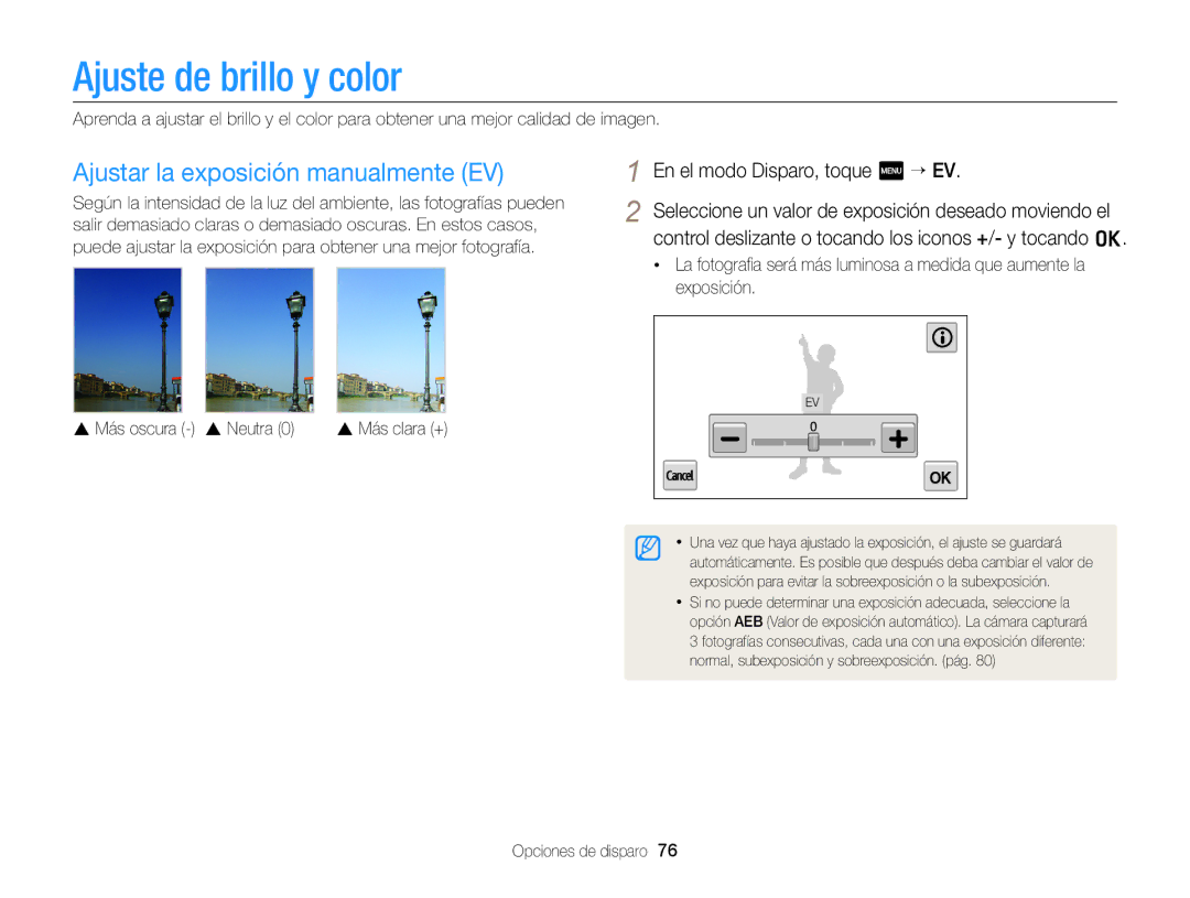 Samsung EC-MV900FDPWME Ajuste de brillo y color, Ajustar la exposición manualmente EV, En el modo Disparo, toque m “ EV 
