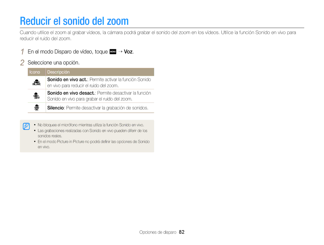 Samsung EC-MV900FDPPME, EC-MV900FBPWE1, EC-MV900FBPBE1, EC-MV900FDPWME, EC-MV900FDPBME manual Reducir el sonido del zoom 