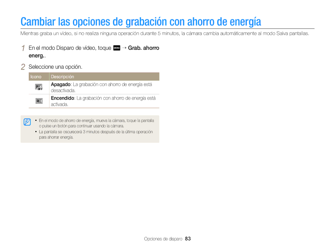 Samsung EC-MV900FDPBME, EC-MV900FBPWE1, EC-MV900FBPBE1 manual Cambiar las opciones de grabación con ahorro de energía 