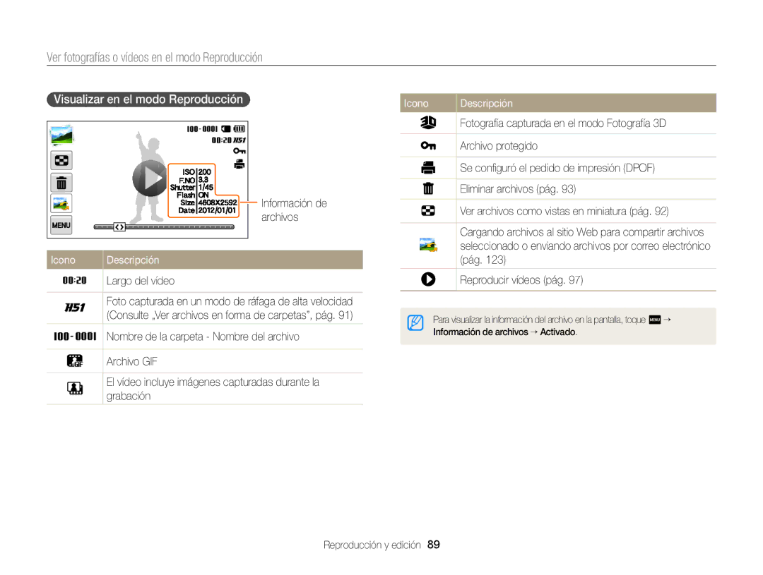 Samsung EC-MV900FBPWE1 manual Visualizar en el modo Reproducción Icono, Eliminar archivos pág, Información de, Archivos 