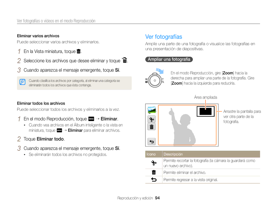 Samsung EC-MV900FBPWE1 manual Ver fotografías, En el modo Reproducción, toque m “ Eliminar, Ampliar una fotografía 