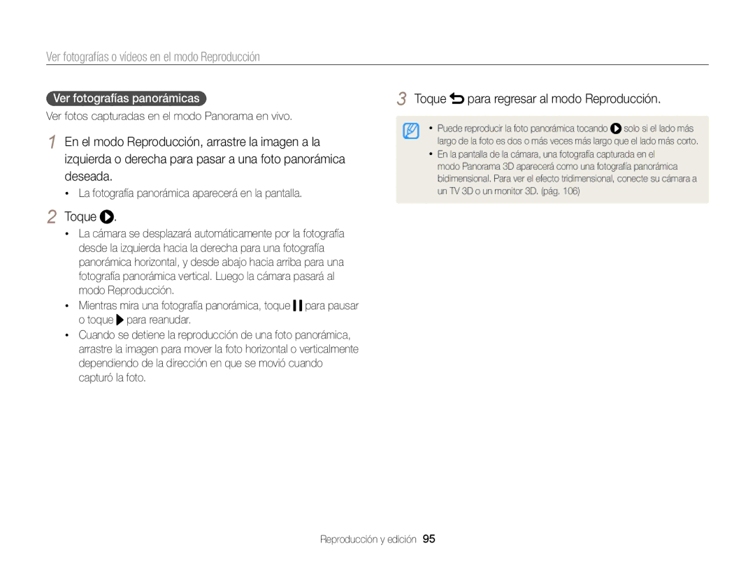 Samsung EC-MV900FBPBE1 manual Toque, Ver fotografías panorámicas, La fotografía panorámica aparecerá en la pantalla 