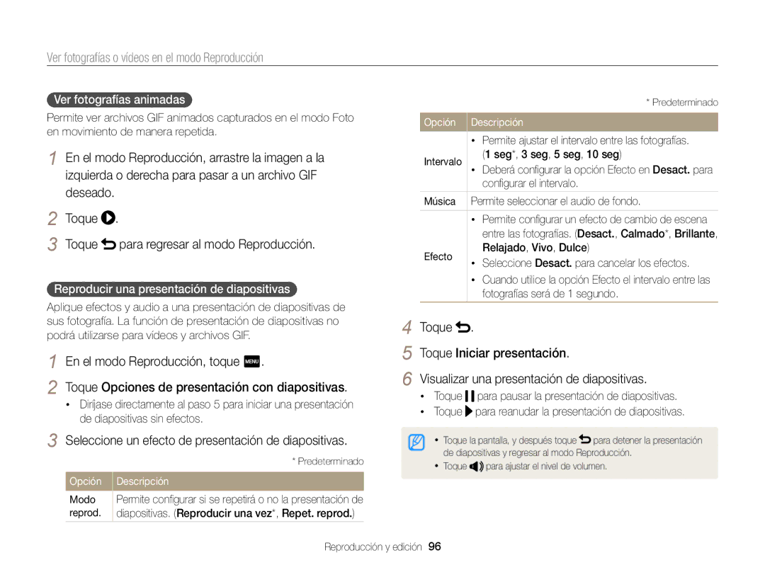 Samsung EC-MV900FDPWME, EC-MV900FBPWE1 manual Toque Opciones de presentación con diapositivas, Ver fotografías animadas 