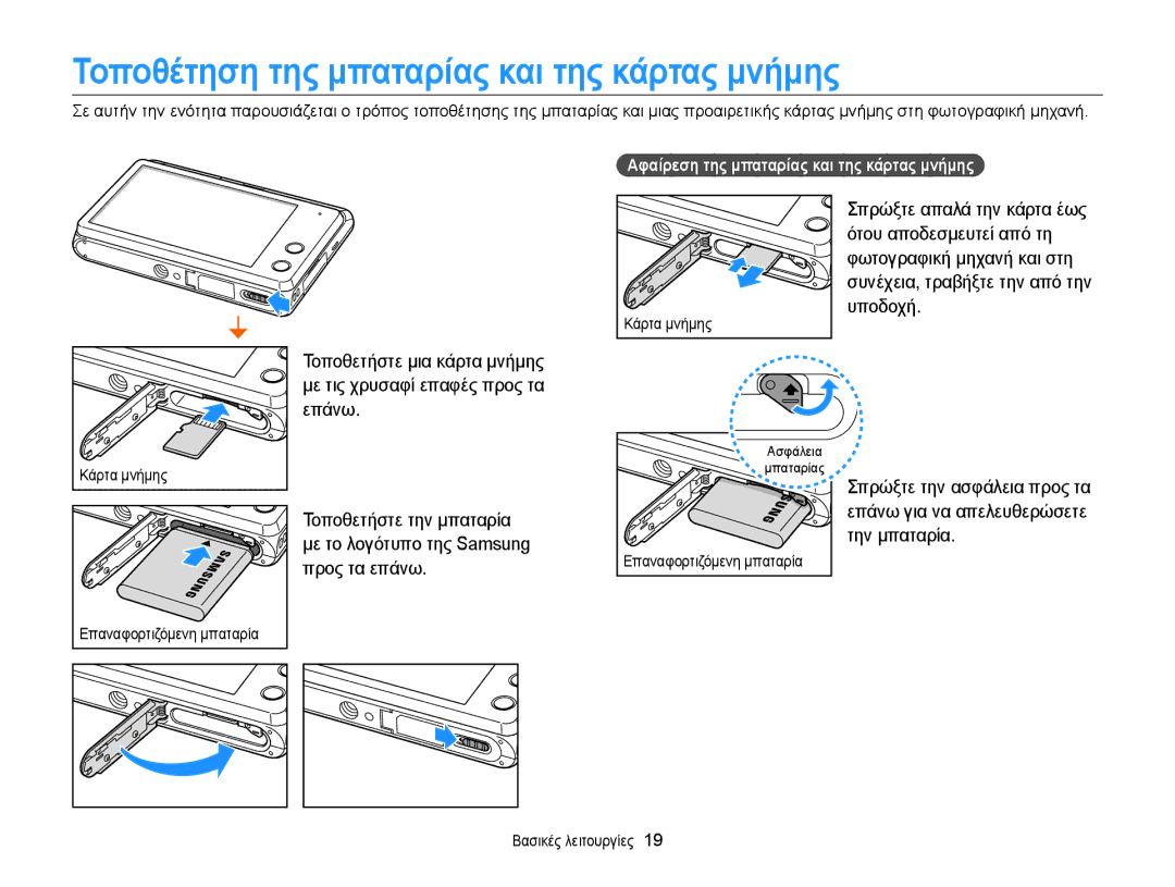 Samsung EC-MV900FBPWE3 manual Τοποθέτηση της μπαταρίας και της κάρτας μνήμης, Την μπαταρία, Επάνω για να απελευθερώσετε 