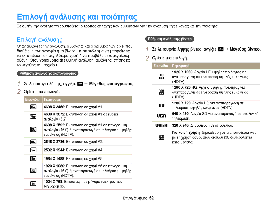 Samsung EC-MV900FBPPE3 manual Επιλογή ανάλυσης και ποιότητας, Ρύθμιση ανάλυσης φωτογραφίας, Ρύθμιση ανάλυσης βίντεο 