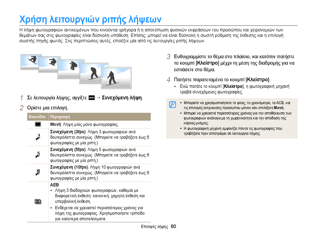 Samsung EC-MV900FBPPE3, EC-MV900FBPWE3 manual Χρήση λειτουργιών ριπής λήψεων, Υπερβολική έκθεση, Κάρτας μνήμης 