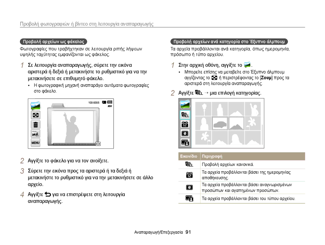 Samsung EC-MV900FBPWE3 manual Αγγίξτε το φάκελο για να τον ανοίξετε, Σύρετε την εικόνα προς τα αριστερά ή τα δεξιά ή 