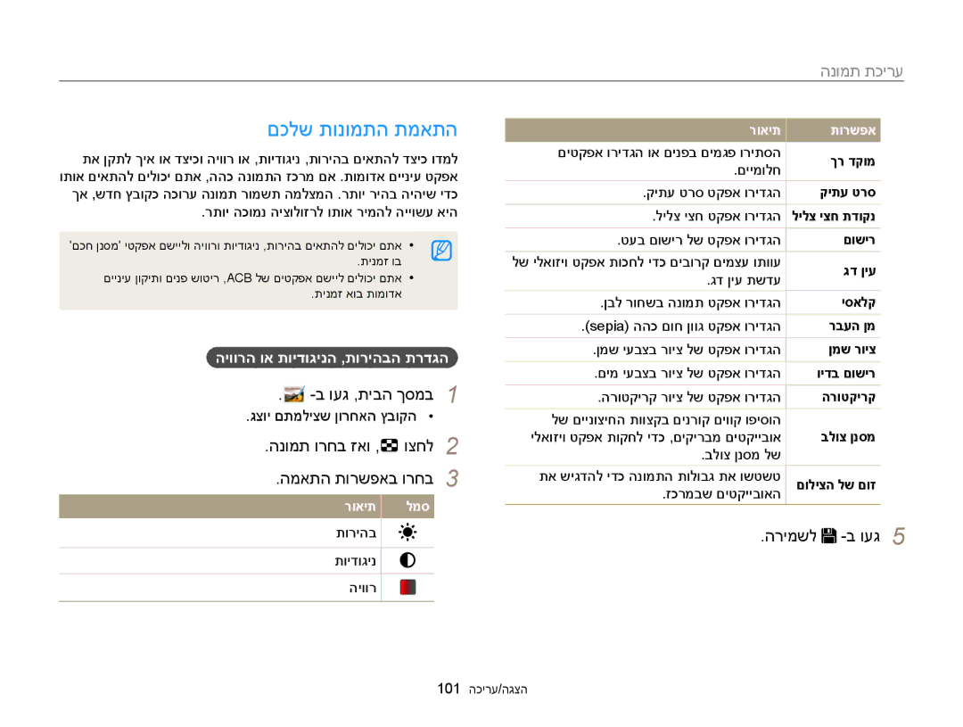 Samsung EC-MV900FDPWME םכלש תונומתה תמאתה, הנומת ורחב זאו וצחל, המאתה תורשפאב ורחב, היוורה וא תוידוגינה ,תוריהבה תרדגה 