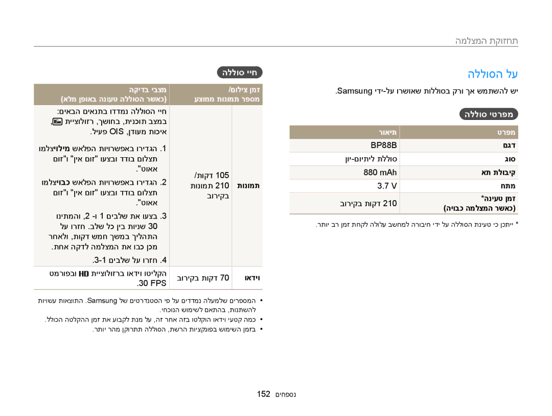 Samsung EC-MV900FBPPIL, EC-MV900FDPWME, EC-MV900FDPPME, EC-MV900FDPBME manual הללוסה לע, הללוס ייח, הללוס יטרפמ, תונומת, םגד 