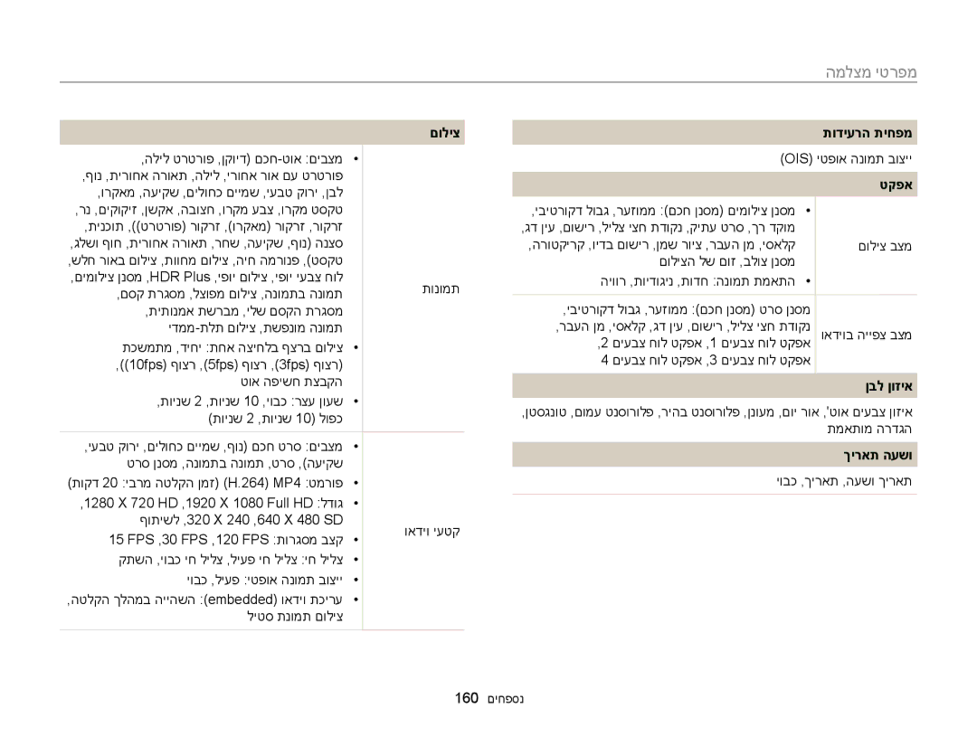 Samsung EC-MV900FBPBIL, EC-MV900FDPWME, EC-MV900FDPPME, EC-MV900FDPBME manual המלצמ יטרפמ, םוליצ, תודיערה תיחפמ, ךיראת העשו 