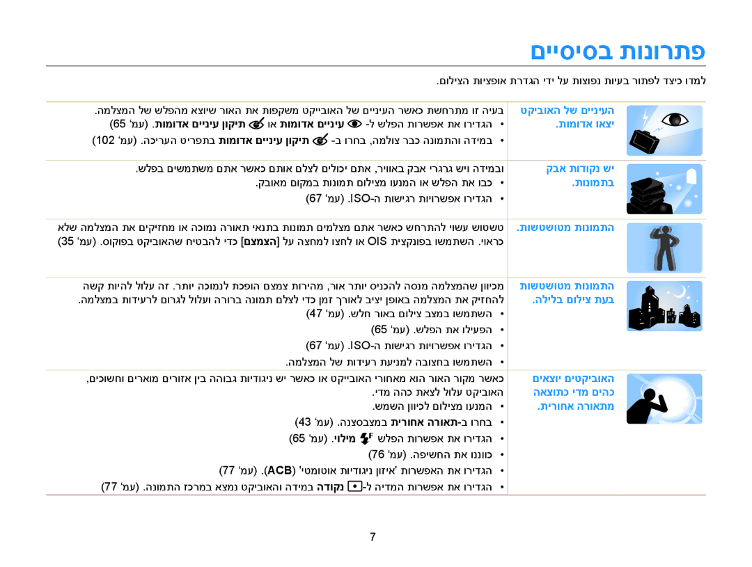 Samsung EC-MV900FDPBME, EC-MV900FDPWME, EC-MV900FDPPME manual םייסיסב תונורתפ, 65 ‘מע .תומודא םייניע ןוקית וא תומודא םייניע 