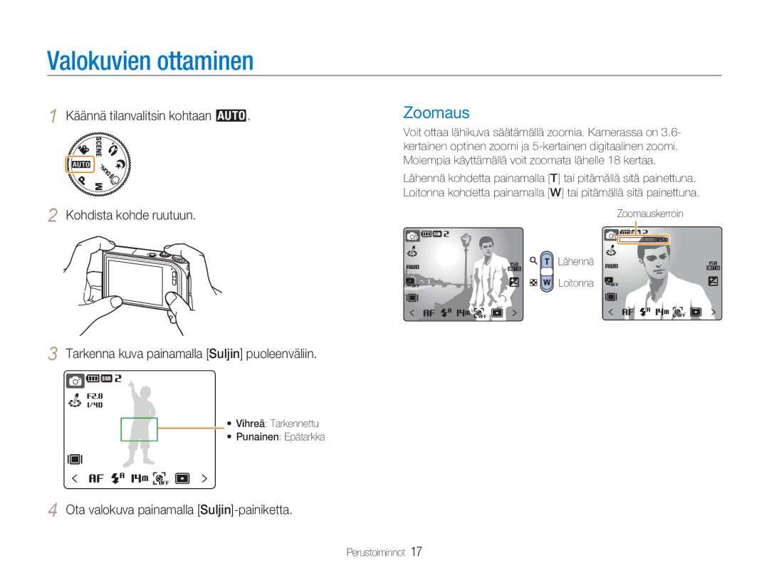 Samsung EC-NV100SBB/E2, EC-NV100BBA/E1 manual Valokuvien ottaminen, Zoomaus, Ota valokuva painamalla Suljin-painiketta 