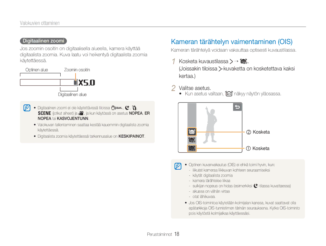 Samsung EC-NV100RBB/E2, EC-NV100BBA/E1 Kameran tärähtelyn vaimentaminen OIS, Valokuvien ottaminen, Kertaa Valitse asetus 