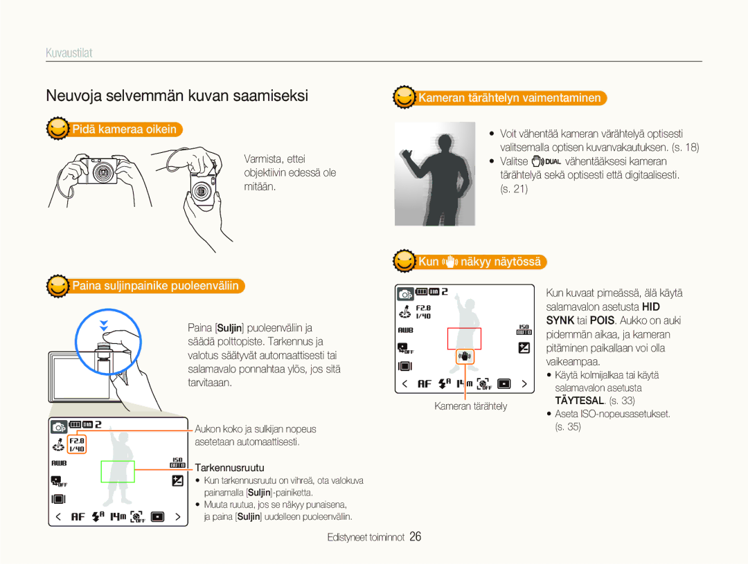 Samsung EC-NV100TBB/E2 manual Pidä kameraa oikein, Paina suljinpainike puoleenväliin, Kameran tärähtelyn vaimentaminen 