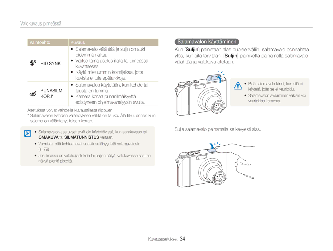 Samsung EC-NV100BBA/E1, EC-NV100BBB/E2, EC-NV100TBB/E2 manual Valokuvaus pimeässä, Salamavalon käyttäminen, HID Synk, Korj 