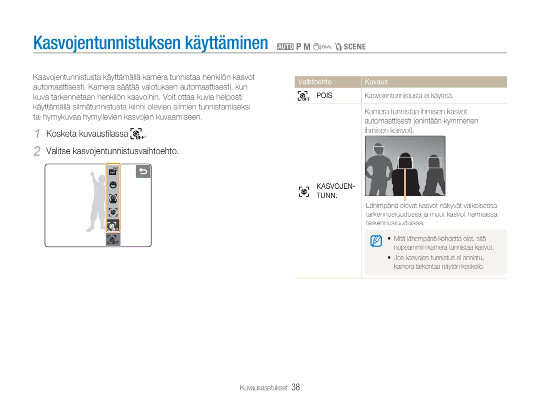 Samsung EC-NV100RBB/E2, EC-NV100BBA/E1, EC-NV100BBB/E2 manual Kasvojentunnistuksen käyttäminen 2 1 8 7 5, Kasvojen Tunn 