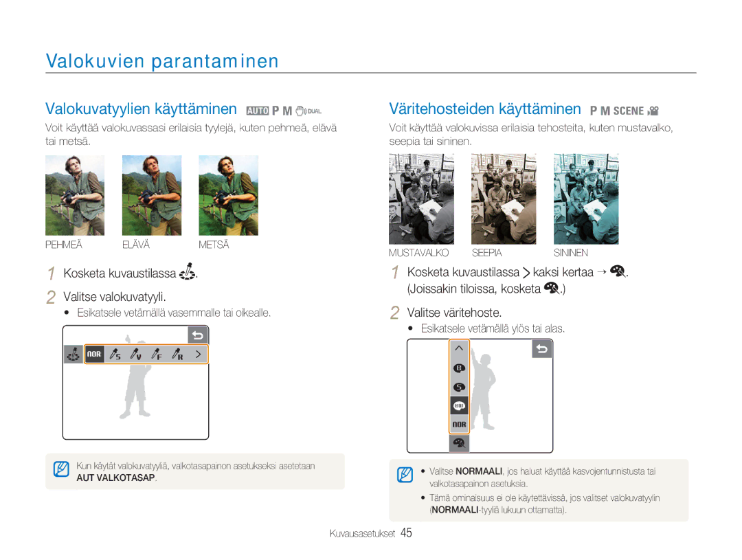 Samsung EC-NV100BBB/E2 manual Valokuvien parantaminen, Valokuvatyylien käyttäminen 2 1 8, Väritehosteiden käyttäminen 1 8 4 