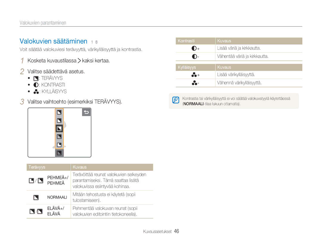 Samsung EC-NV100TBB/E2 manual Valokuvien säätäminen 1, Valokuvien parantaminen, Valitse vaihtoehto esimerkiksi Terävyys 