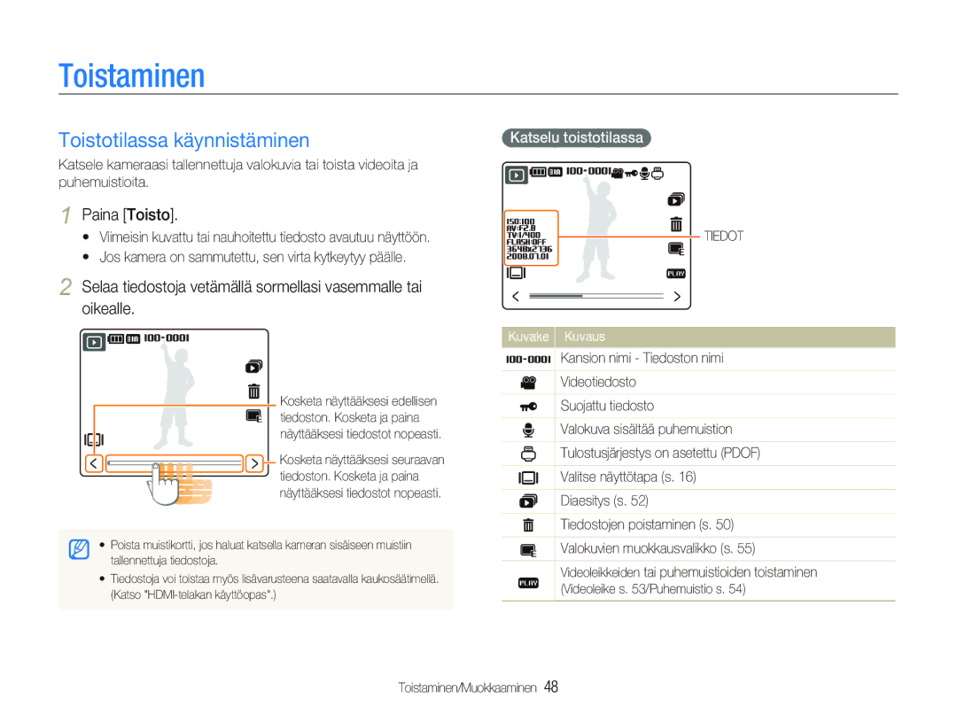 Samsung EC-NV100RBB/E2, EC-NV100BBA/E1, EC-NV100BBB/E2 Toistaminen, Toistotilassa käynnistäminen, Katselu toistotilassa 