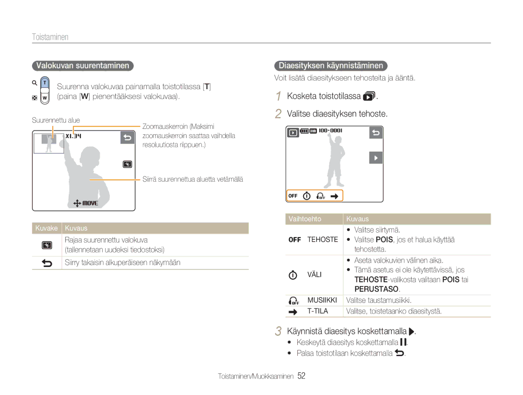 Samsung EC-NV100SBB/E2 manual Käynnistä diaesitys koskettamalla, Valokuvan suurentaminen, Diaesityksen käynnistäminen 