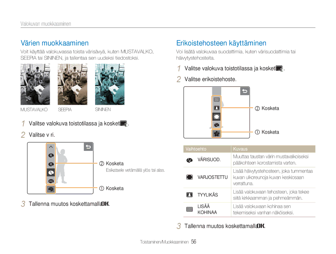 Samsung EC-NV100TBB/E2, EC-NV100BBA/E1 manual Värien muokkaaminen, Erikoistehosteen käyttäminen, Valokuvan muokkaaminen 