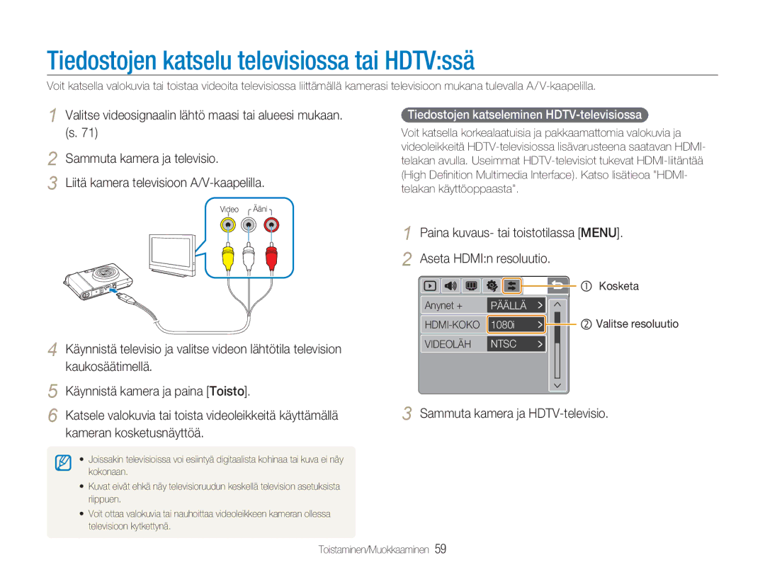 Samsung EC-NV100BBA/E1, EC-NV100BBB/E2, EC-NV100TBB/E2, EC-NV100SBB/E2 manual Tiedostojen katselu televisiossa tai HDTVssä 