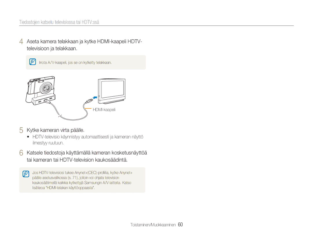 Samsung EC-NV100BBB/E2 manual Tiedostojen katselu televisiossa tai HDTVssä, Kytke kameran virta päälle, HDMI-kaapeli 